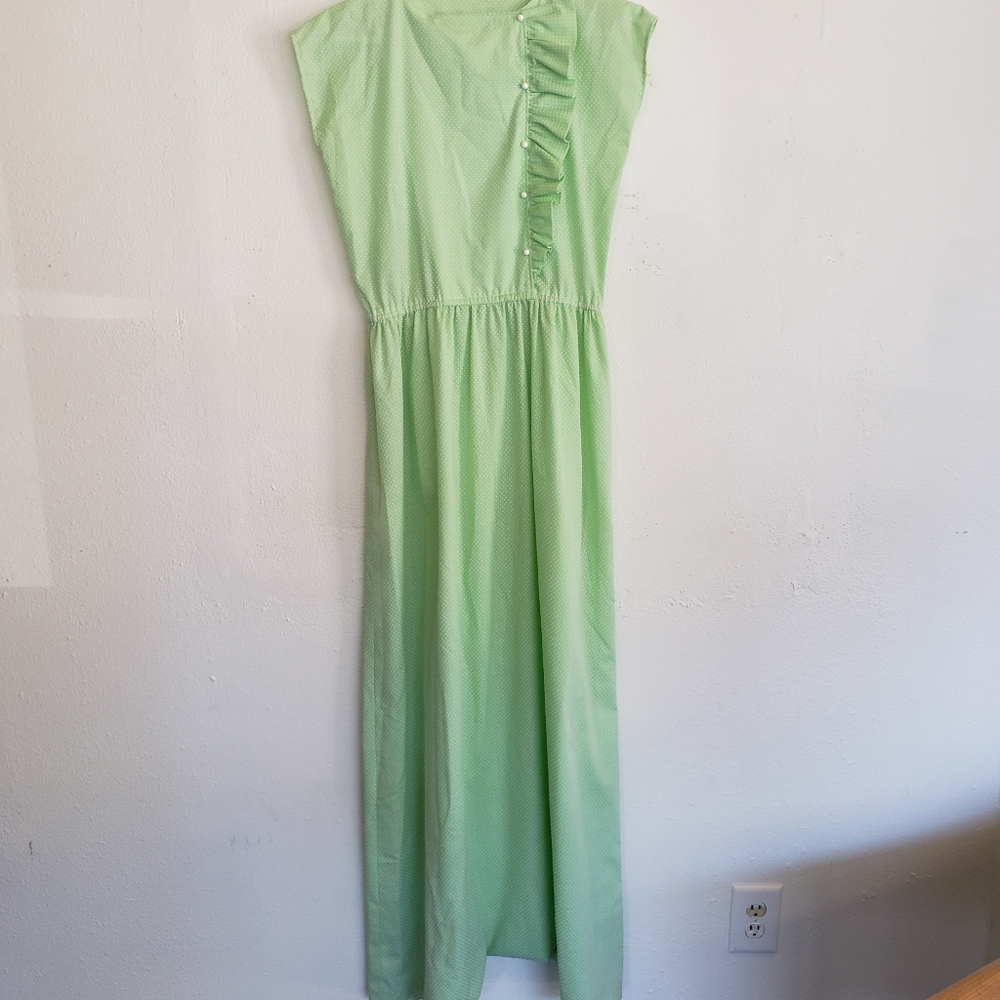 Vintage 1960s Handmade Swiss Dot Green and White Long Dress Ruffled Front Boho